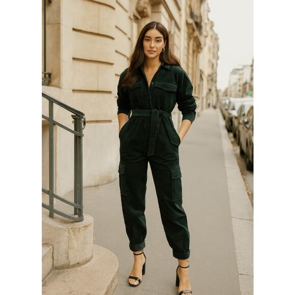 Banana Republic L Mia Velvet Jumpsuit Large Dark Green $230 One Piece Classy - Picture 1 of 10